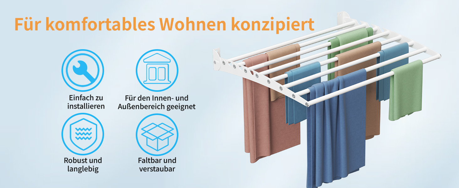 Настінна сушилка для білизни Innotic, розкладний вологостійкий сушильник для одягу з 8 стійок, великий, економний, для вулиці, ванної, балкону, білизни (білий, 60 см)