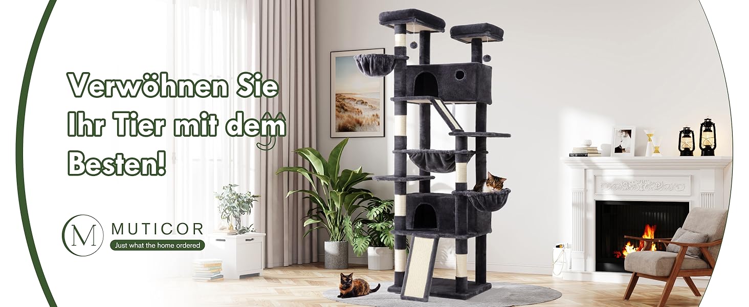 Кігтеточка MUTICOR велика, 206 см, багатоповерхова, велике будиночок для котів/кігтеточка для квартирних котів, плюшеві лежанки, гамак-корзина, широка база (темно-сірий)