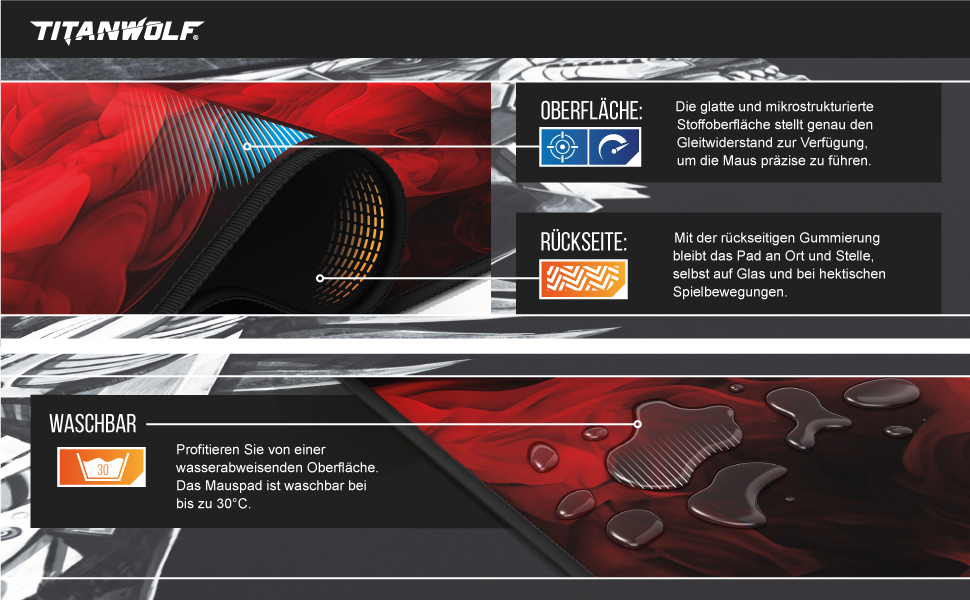 Килимок для миші CSL Titanwolf XXL - 900 x 400 мм - Red Smoke