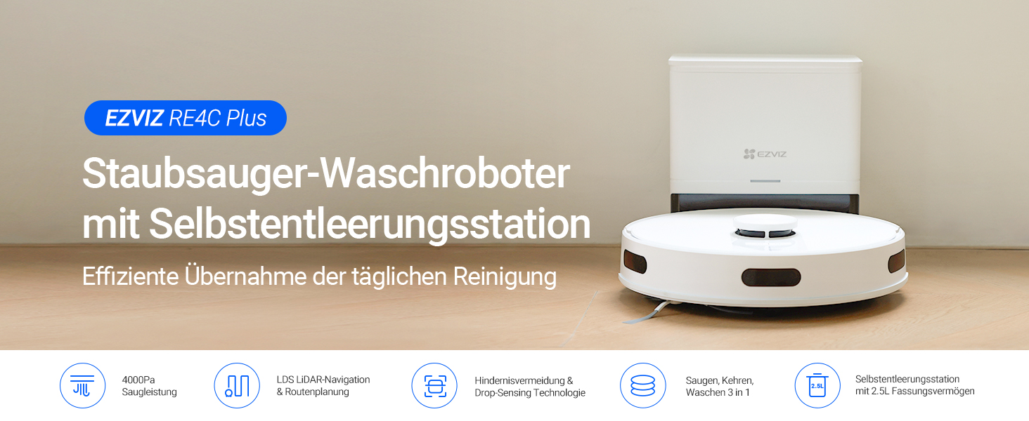 EZVIZ RE4C Plus: Робот-пилосос 3-в-1 з автоматичним очищенням, WiFi, LiDAR, 4000 Pa, керування через APP/Alexa/Google