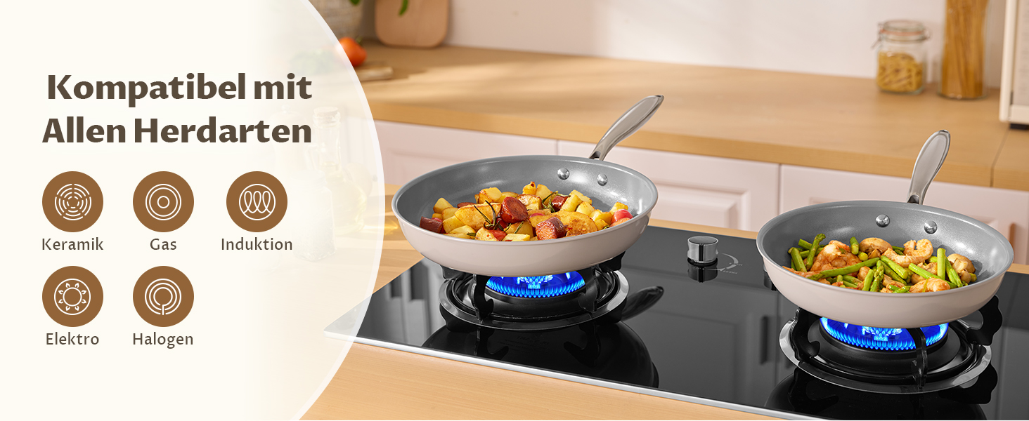 Набір сковорідок Induktion 5-ти частинний, антипригарне покриття, 20/24/28 см, молекулярно зв'язане дно, без PTFE, сумісний з усіма плитами, для духовки, сірий