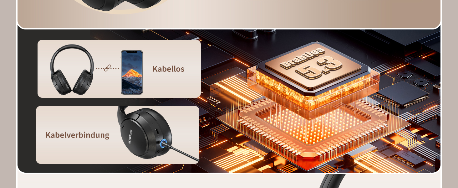 RUNOLIM Бездротові навушники Over-Ear з активним шумозаглушенням, Bluetooth, 70 годин роботи, Hi-Res Audio, глибокий бас, 3.5mm аудіокабель, чорний