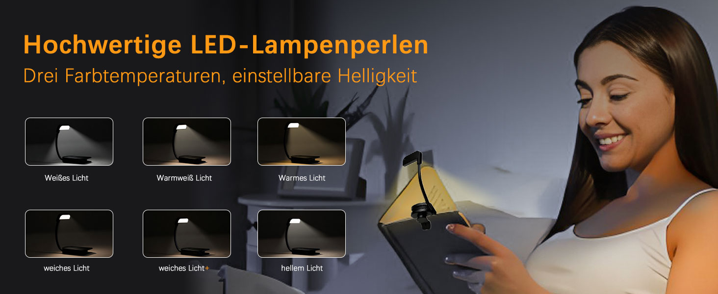 LED-лампа для читання з USB-зарядкою, 9 світлодіодів, 3 режими температури кольору, регульована яскравість, гнучка 360° поворотна кріплення для читання в ліжку, чорний