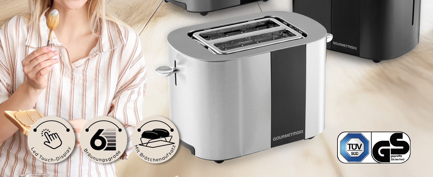 Тостер GOURMETmaxx Kurzschlitz для 2 тостів | Антрацитовий колір, 6 рівнів підсмажування, таймер, підставка для бургерів, функція підігріву | Електричний тостер з сенсорним дисплеєм
