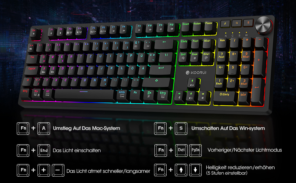 Механічна ігрова клавіатура KOORUI з підсвічуванням RGB, QWERTZ, 104 клавіші, для Windows/MacOS/Linux