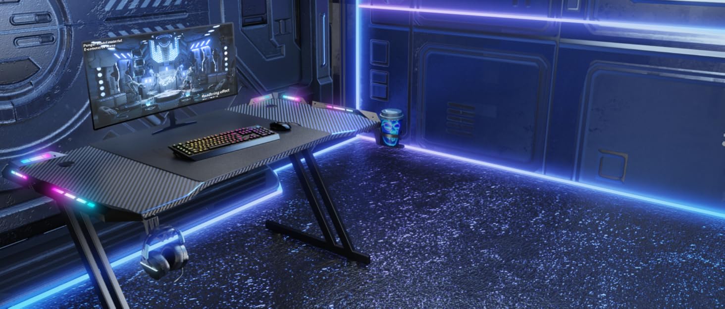 Ігровий стіл кутовий 150x100 см з 3 розетками та 2 USB, реверсивний, з LED підсвічуванням, з ящиками та підставкою для монітора, чорний