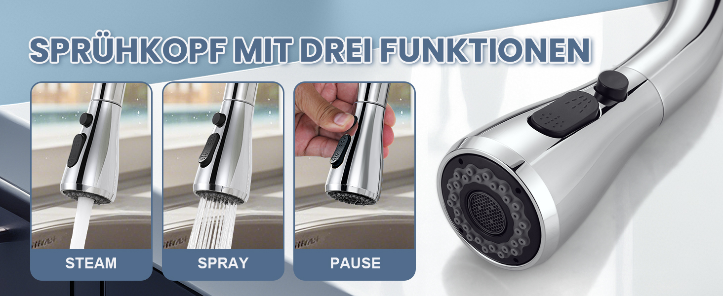 Змішувач кухонний iVIGA висувний з дощувачем, водоспад, 360° поворот, 3 режими, брашований нікель