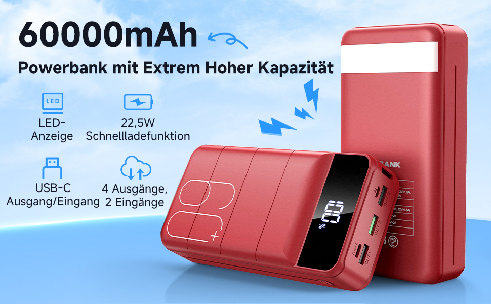 Power Bank 60000mAh 22,5W USB-C PD, Зовнішній акумулятор з 4 портами, Червоний