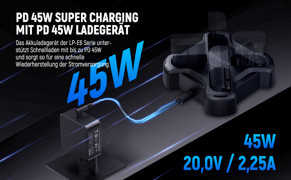 Набір акумуляторів NEEWER LP-E6NH (3 шт.) 2250mAh та зарядний пристрій USB з трьома слотами для Canon EOS R7, R5, R6, R6 II, R 5DIV, 6DII, 7DII, 80D, 90D (NW-P4 з PD 45W)