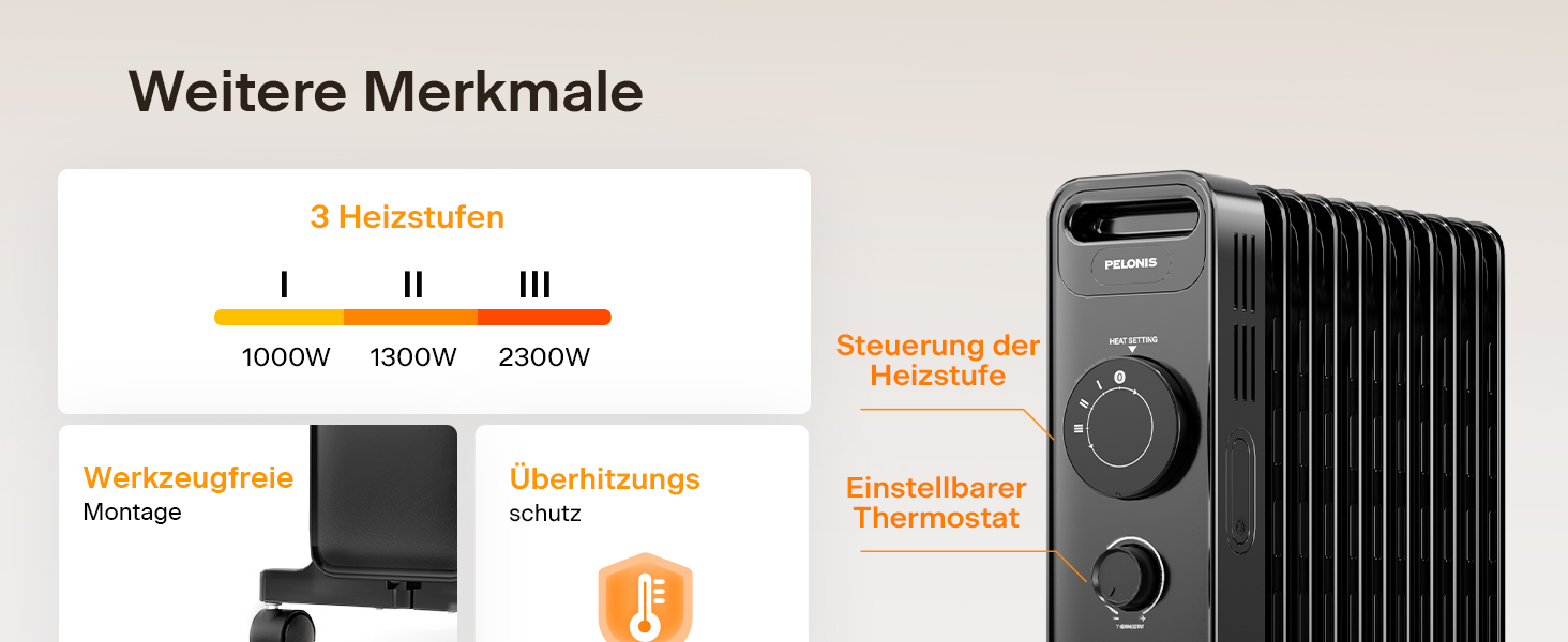 Масляний радіатор PELONIS 2300W з J-подібними ребрами, 3 режими нагріву, термостат, тихий, захист від перекидання, енергоефективність A, для спальні, вітальні, офісу, 11 ребер, чорний (без пульта)
