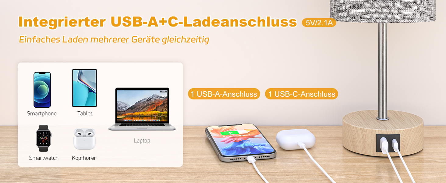 Нічна лампа STANBOW з торшером, USB-порт A+C, регулювання яскравості, тканинний абажур, для спальні, вітальні, дитячої кімнати, гуртожитку, домашнього офісу (сірий абажур, дерев'яна основа)