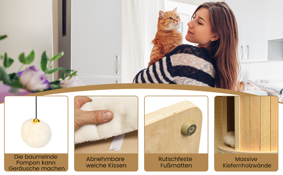 Дерев'яний котячий комплекс COSTWAY 197 см з гамаком, будиночком та кошиком, 7-ярусний, бежевий