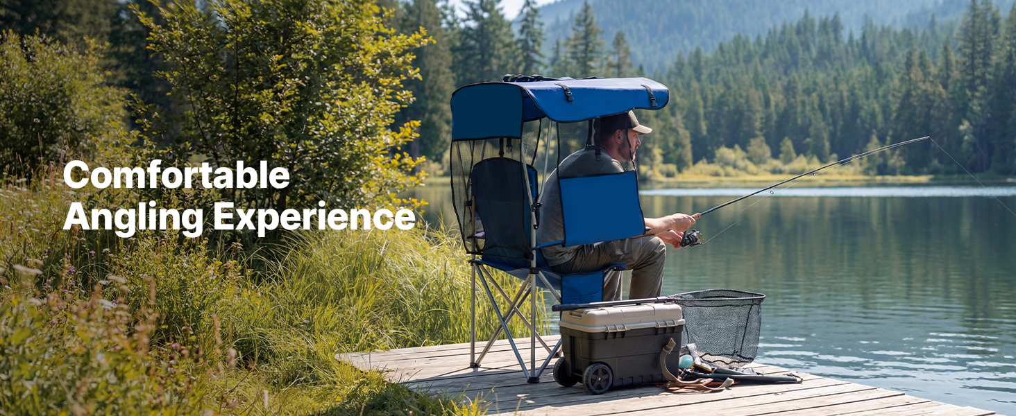 Складний стілець VEVOR для кемпінгу, риболовлі та пікніків, 150 кг, з парасолькою, підсклянниками та кишенею для журналів, темно-синій