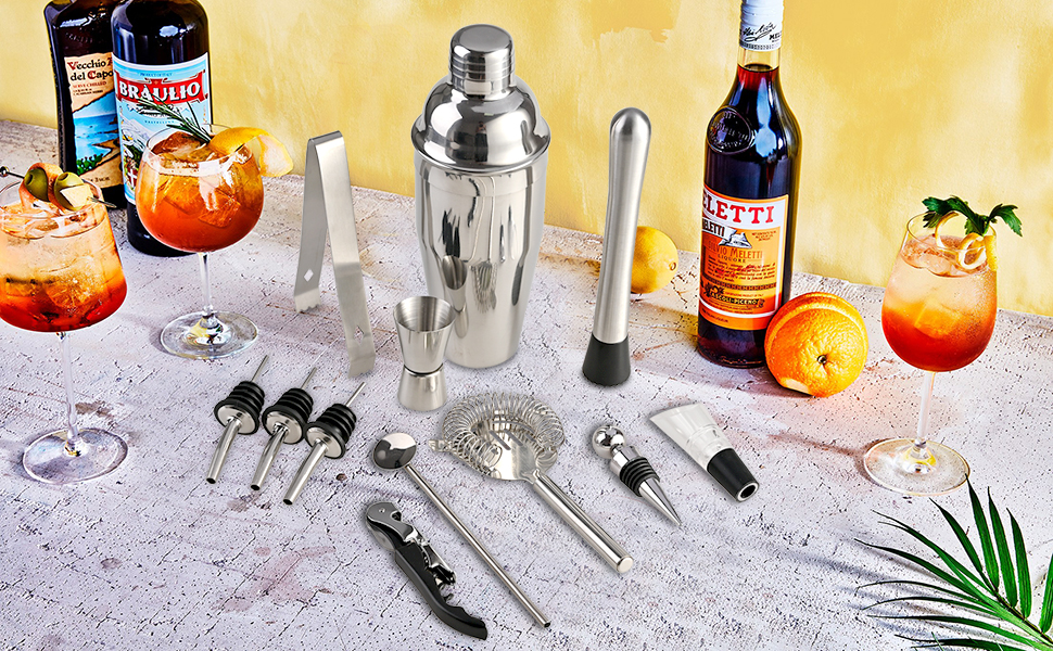 Набір для коктейлів GOLDGE 12 предметів: шейкер 750 мл, міксер, аксесуари для бару з нержавіючої сталі для дому та бару