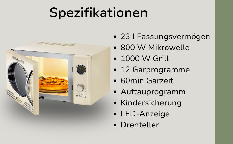 Мікрохвильова піч Melissa Retro 16330129 – 23 літри, 1000 Вт, з грилем, металевий колір