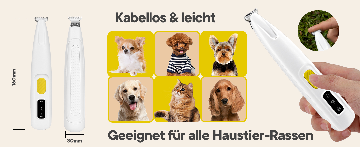 Триммер для собак та котів Pfotentrimmer з LED-підсвічуванням – 18 мм, тихий (35 dB), водонепроникний, акумуляторний – для лап, вух, обличчя та хвоста (білий)