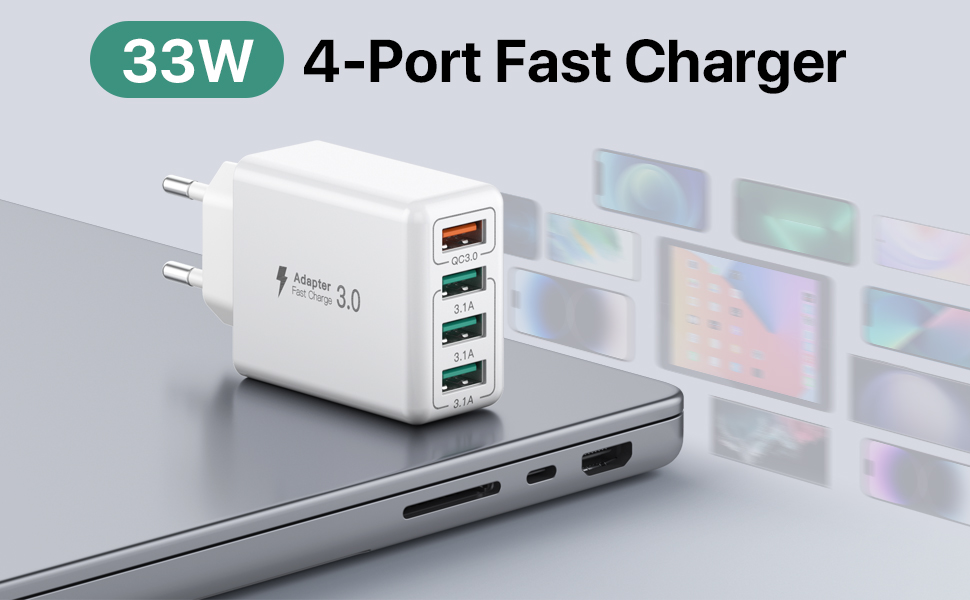 Блок зарядного пристрою USB C 40W з 4 портами, швидка зарядка PD+QC, для iPhone, Samsung, Tablet, білий (сірий)