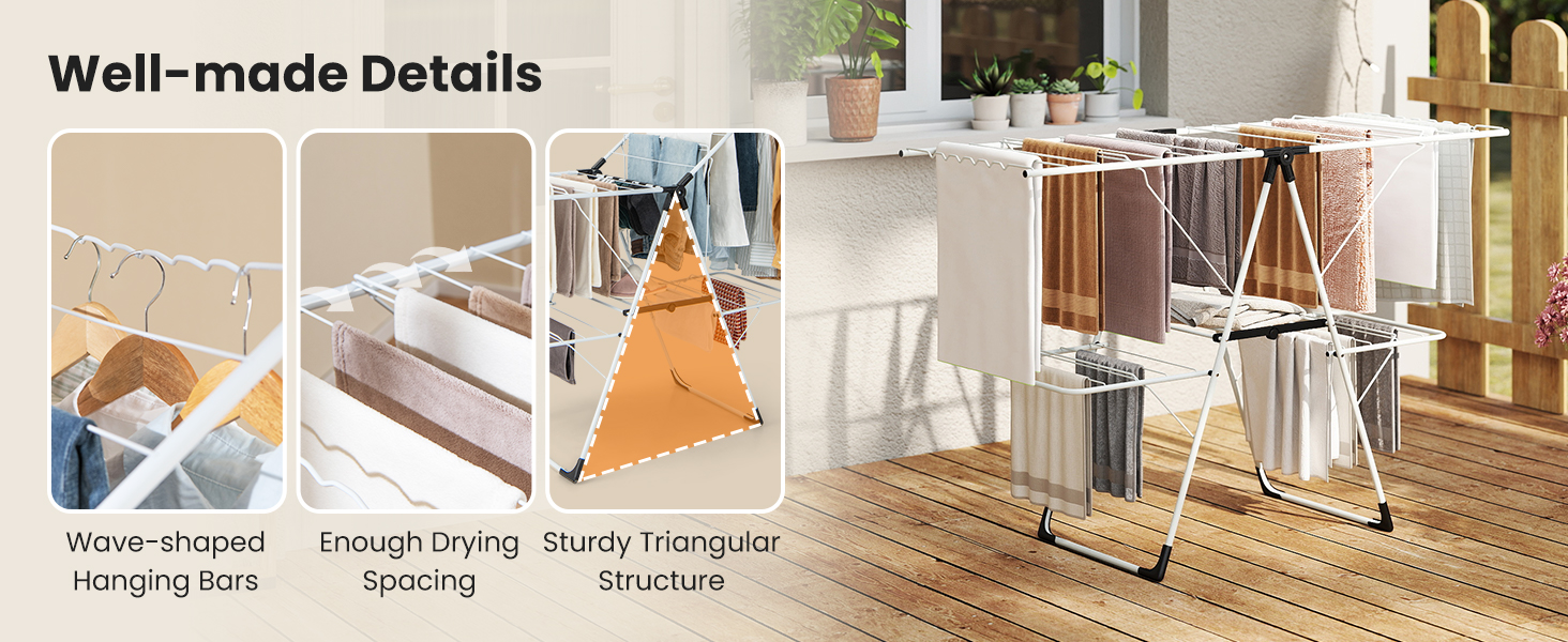 Стійка для сушіння білизни HOMASIS, розкладна, з 2 крилами, регульована, 6 рівнів, з вішалкою та прищіпками, для балкону (біла)