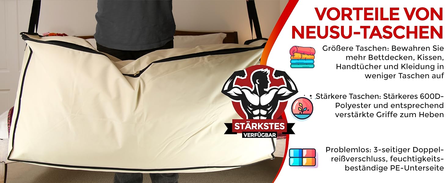 Neusu XXL сумка для зберігання 200 л, 91x47x47 см, міцна 600D, для постільної білизни, одягу, подорожей, до 50 кг, захист від бруду і плісняви, бежева