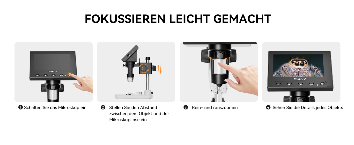 Цифровий мікроскоп Elikliv з LCD-дисплеєм для монет, 1000x, з 8 регульованими LED-підсвіткою, сумісний з PC (Windows/MacBook), EDM4, 4.3 дюйми