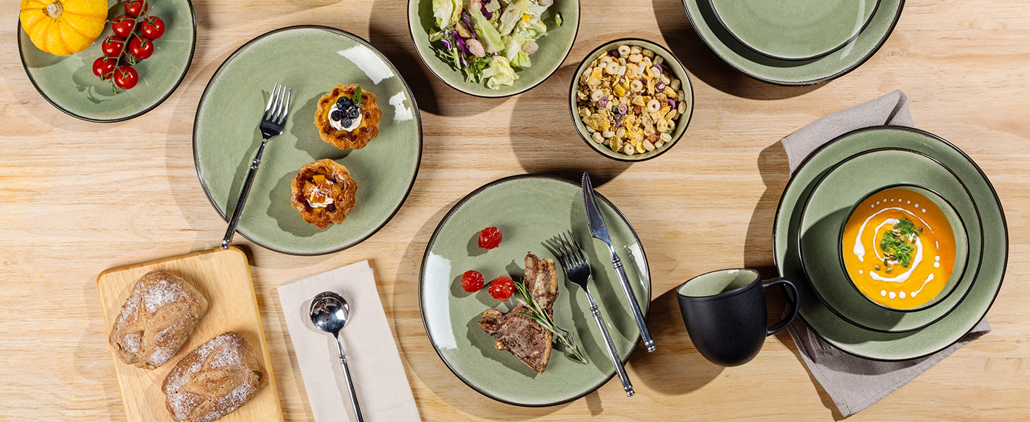 Набір посуду GBhome з реактивної глазурі для 6 осіб (18 предметів), ручної роботи, керамічний, мікрохвильова та посудомийна машина, зелений колір