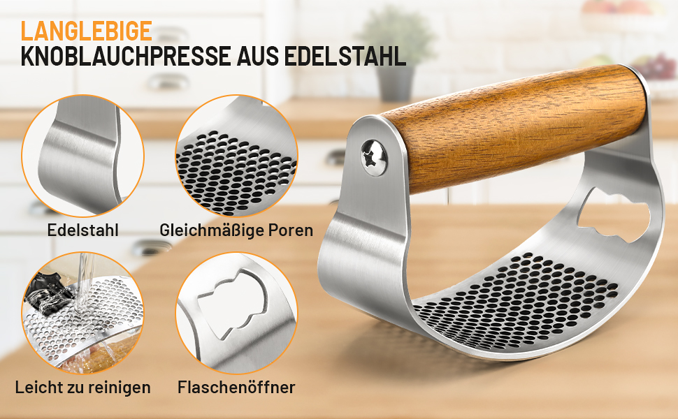 Пресс для часнику з нержавіючої сталі з важелем, дерев'яний ручка, прес для часнику, подрібнювач часнику, кухонний гаджет, легкий у чищенні