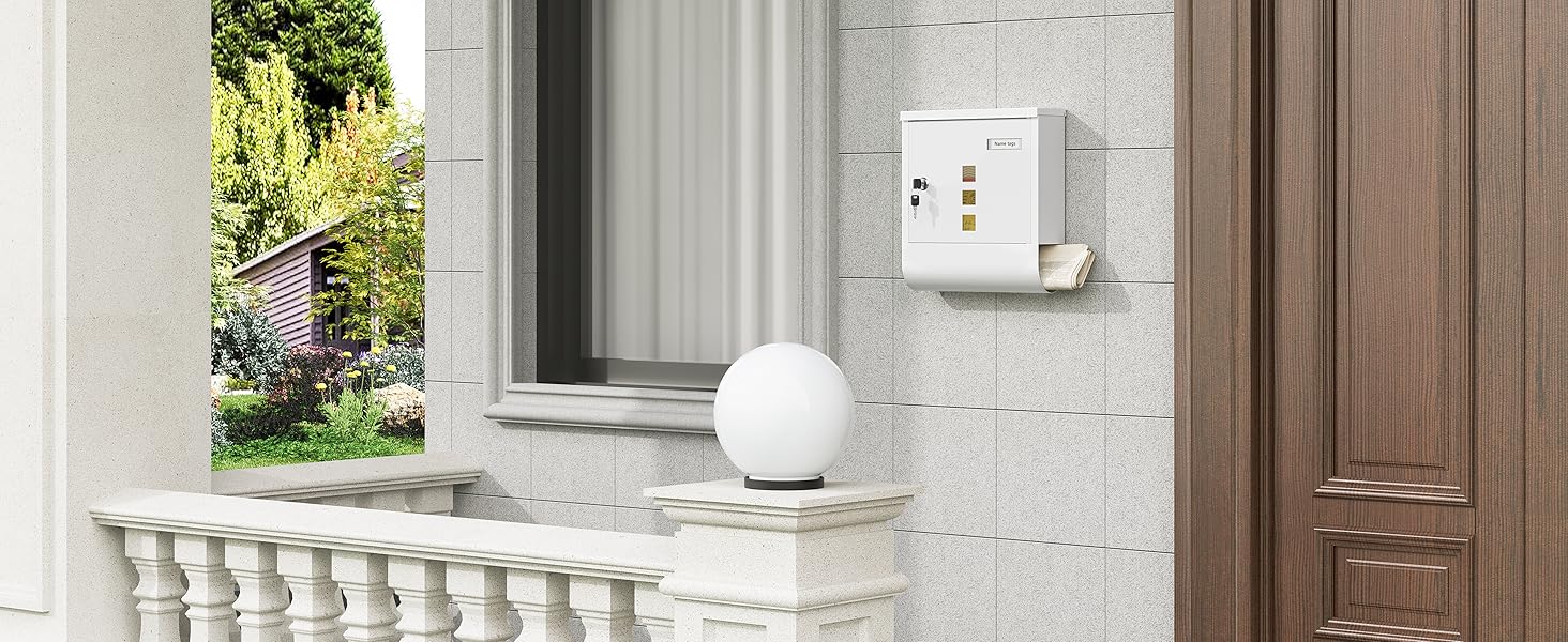 Поштовий ящик WOLTU з газетницею, оглядовим вікном та табличкою для імені, настінний, замикається (2 ключі), білий (30,5x33,5x9 см)