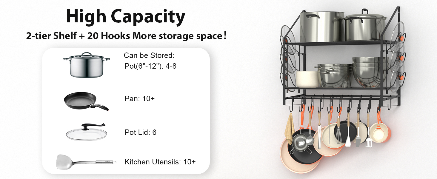 Hanging Pot Rack, 2 Tiers, Pots and Pans Organizer, Wall Mount, with 20 Hooks and 6 Lid Holders, Sturdy Steel Pot and Pan Hanger for Kitchen, Cookware, Utensils