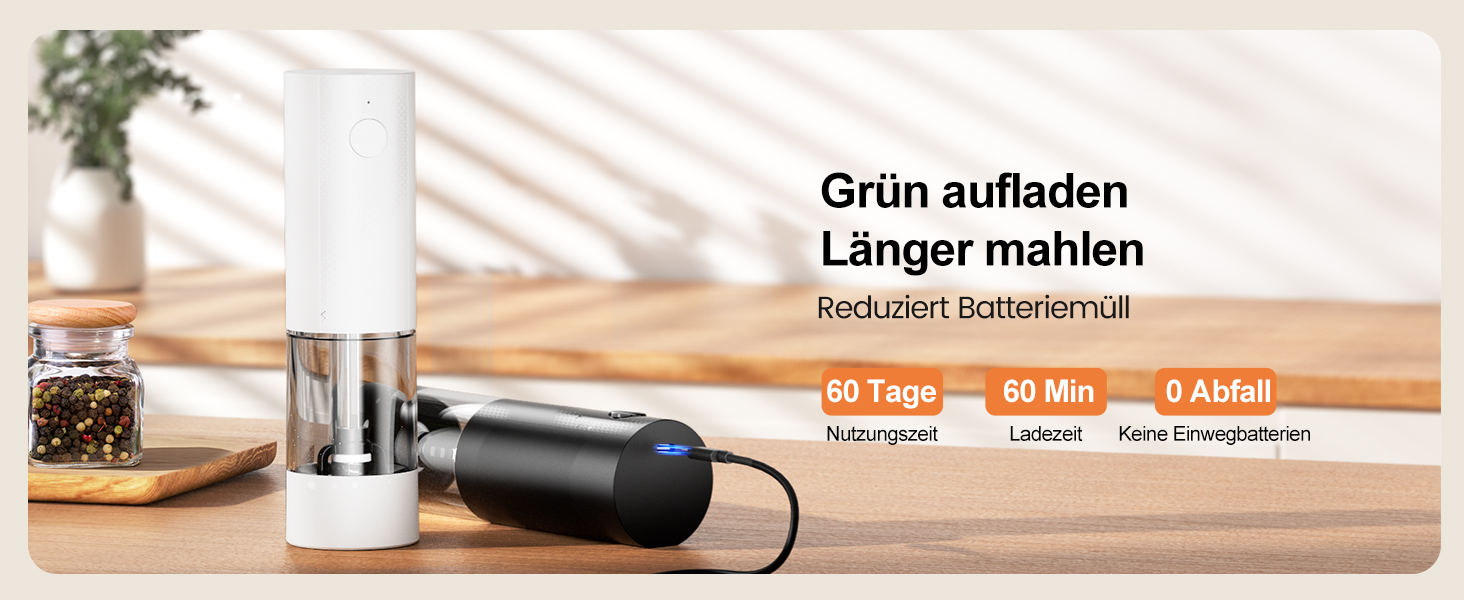 Електричні мельниці для солі та перцю 2 шт. з USB-C зарядкою, регулюванням помелу, LED-підсвічуванням, керамічним жорном та стійкою підставкою – чорний та білий