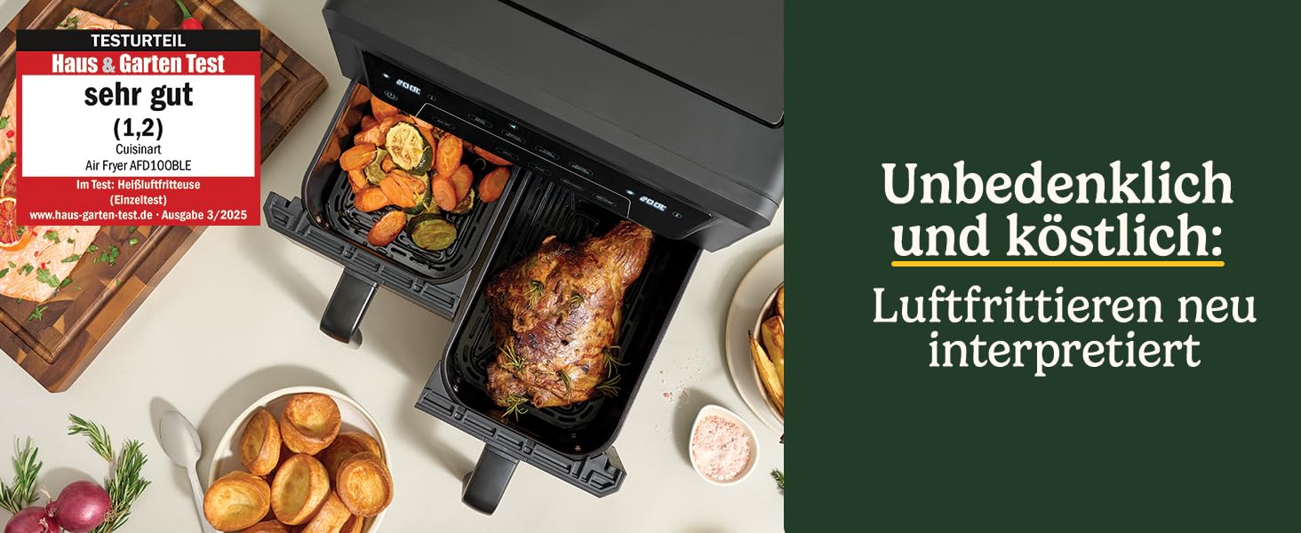 Фритюрниця Cuisinart XXL 10.4L з двома зонами, без PFAS та хімікатів, для смаження, гриля, випікання, дегідратації та підтримання тепла, 2 камери (2 x 5.2L), 8+ порцій, знімні деталі придатні для миття в посудомийній машині, чорний колір