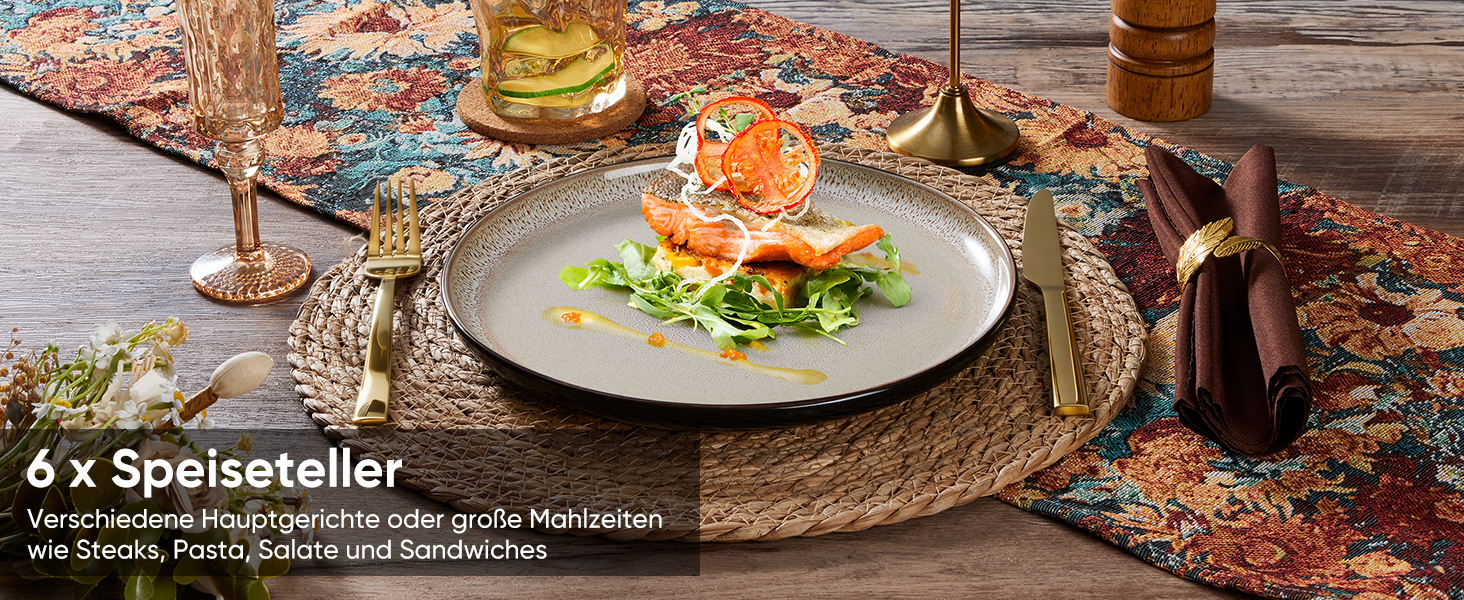 Набір посуду HaWare на 6 осіб, 18 предметів: тарілки, десертні тарілки, миски. З реактивною глазур’ю, стійкий до миття в посудомийній машині та використання в мікрохвильовій печі, бежевий колір.