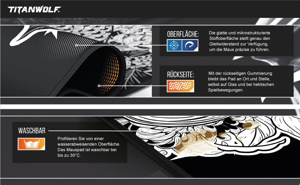 Кисмат XXL Speed Gaming Mousepad Titanwolf Schwarz 900 x 400mm - Великий килимок для миші для геймінгу