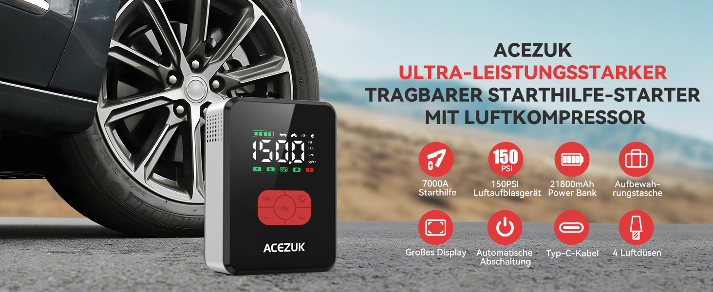 Powerbank Starthilfe 7000A з компресором 150PSI для автомобілів, LED-ліхтарик, 12V