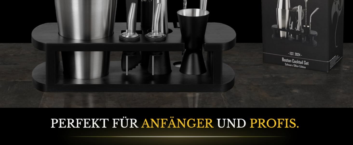 BARMINGO Stainless Steel Cocktail Set - 11 Piece Boston Shaker Set with Stand & Bar Accessories | Cocktail Shaker Set, Bartender Set, Bar Set | Black Silver