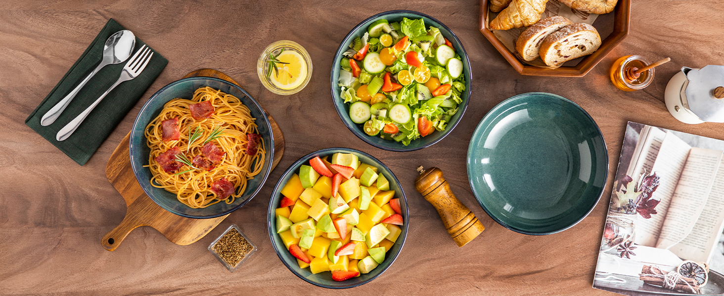 Набір тарілок для супу Vancasso Bonbon (6 шт.), супові миски з кераміки, 21,7 x 5,5 см, великі глибокі тарілки для пасти, локшини, рамен, салату, придатні для миття в посудомийній машині та використання в мікрохвильовій печі (зелені)