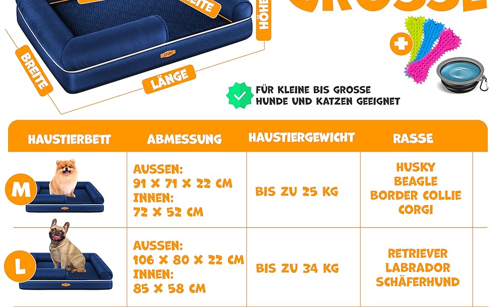 Ортопедичне ліжко для собак з подушкою та мискою, 3 іграшки, лежанка для собак маленьких, середніх та великих порід, знімний та пральний чохол, 106x80x22 см, Navyblau L (106 x 80 x 25 см) Navyblau