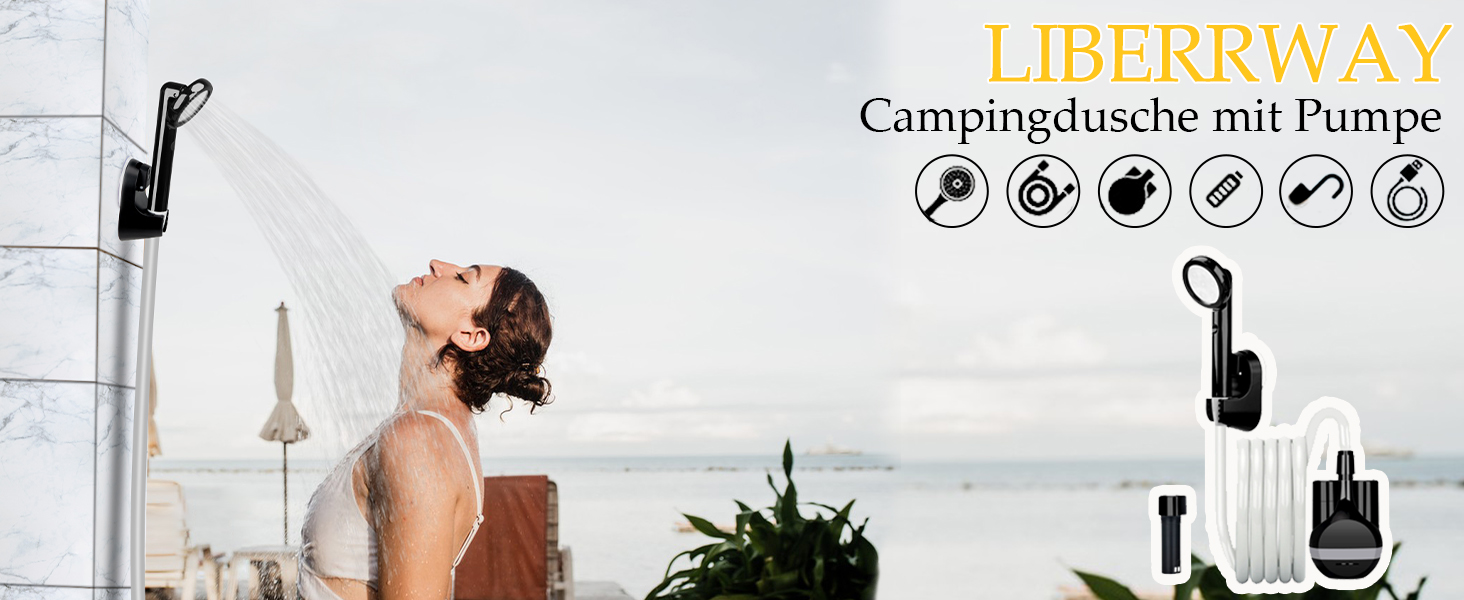 LIBERRWAY Camping Shower with Pump, Rechargeable Battery Camping Shower, Garden Shower with 2m Shower Hose for Car Washing, Garden, Travel, Beach