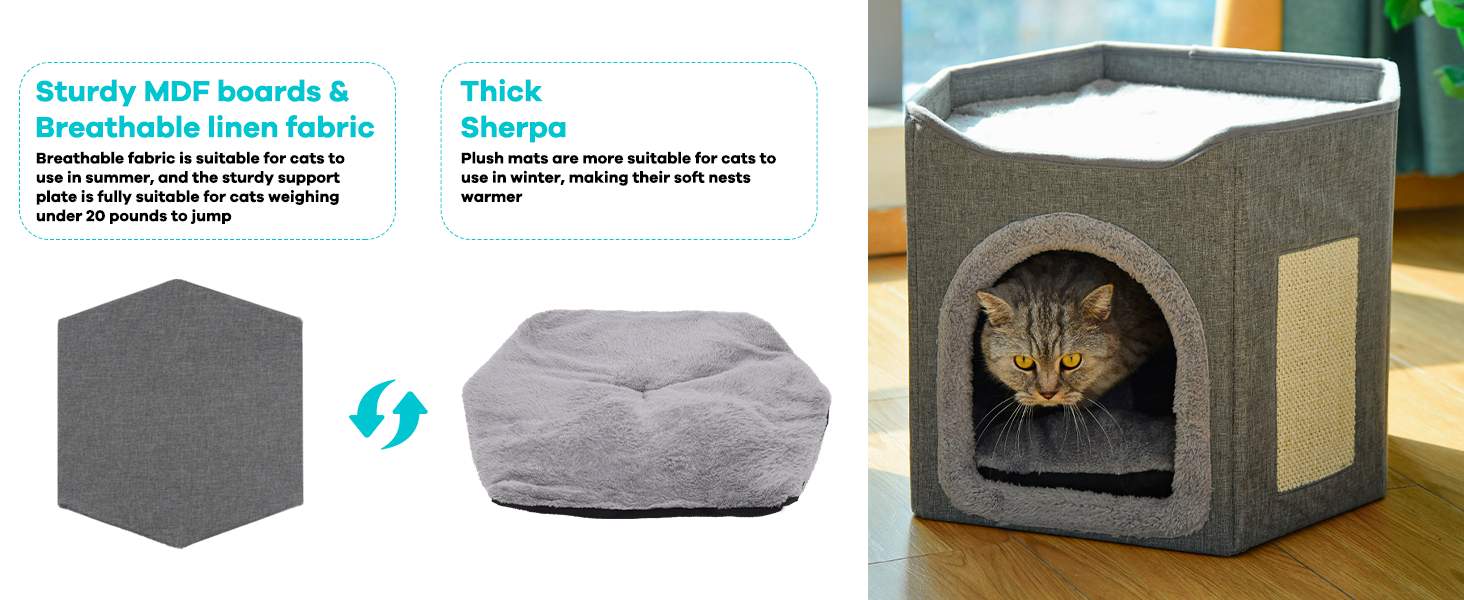 Кітниця для котів та маленьких собак, сіра, з 2 знімними подушками та когтеточкою