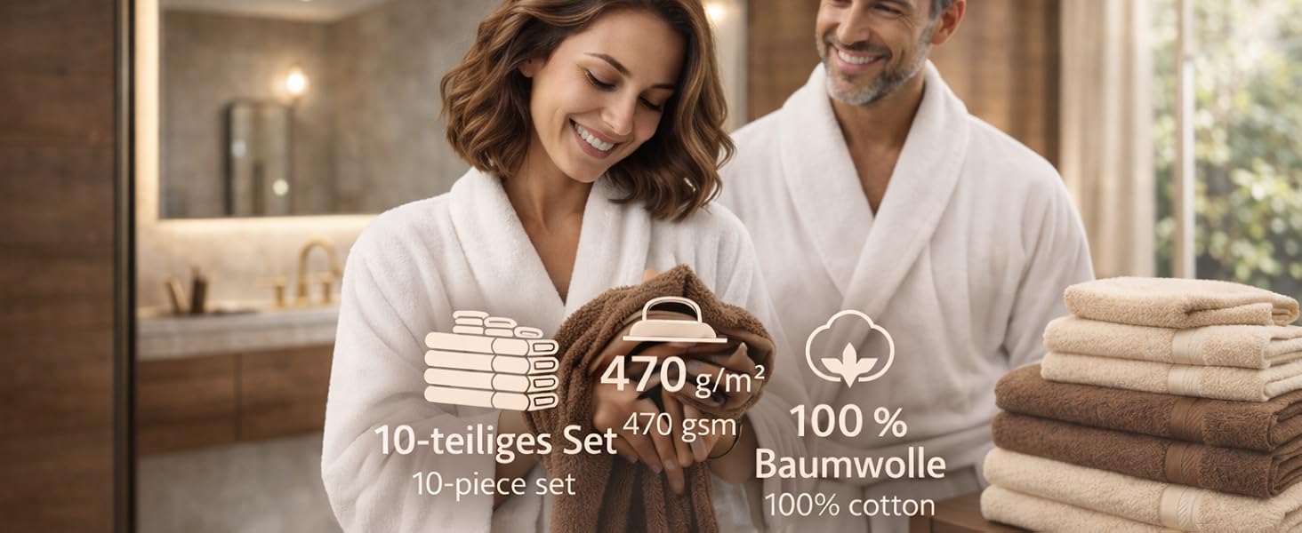 Набір махрових рушників Betz Premium 10 предметів, 100% бавовна, 470 г/м², Oeko-TEX, Колір: горіховий коричневий та бежевий (2 банні, 4 середні, 2 гостьові рушники, 2 рукавички)