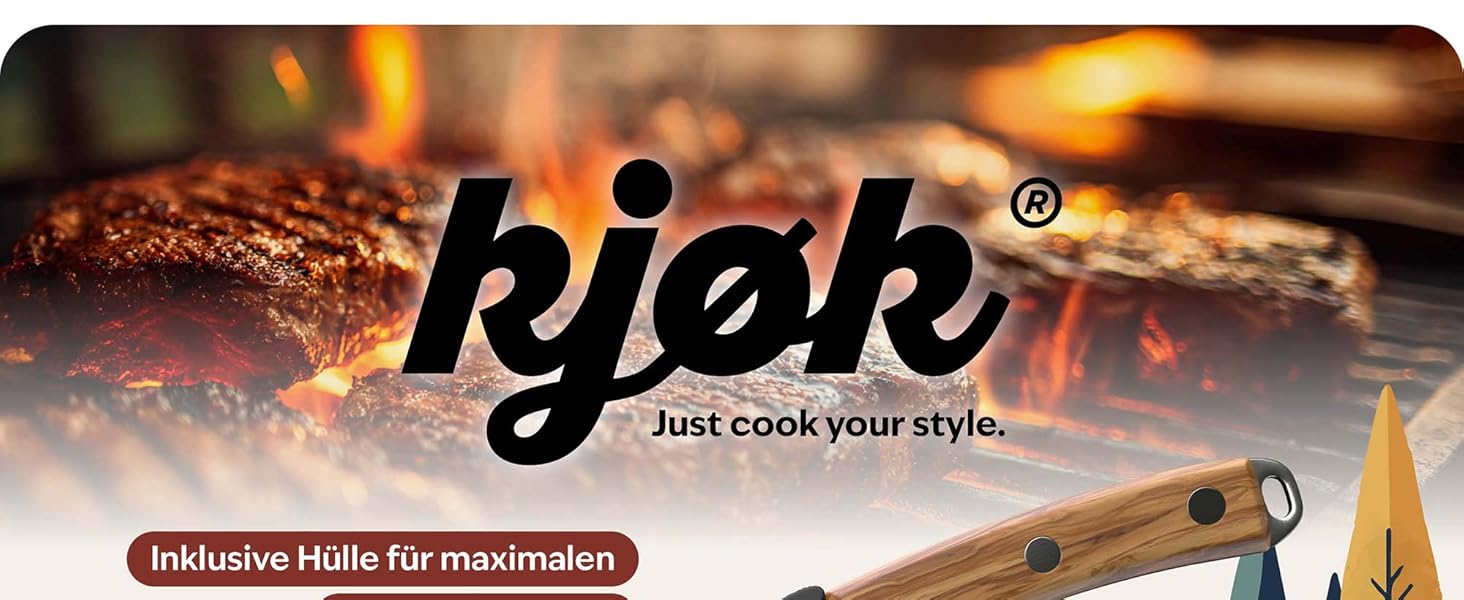 Преміум ніж Kjøk для кухні, м'яса, овочів, BBQ та кемпінгу - сталева клинка 56±2 HRC, ручка з оливкового дерева, 148 мм