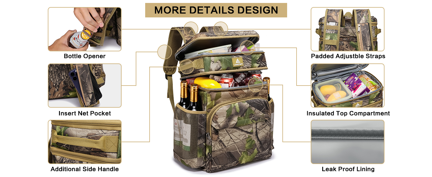 Рюкзак-холодильник Laripwit 54 літри з термоізоляцією для пікніків, подорожей та кемпінгу (33л, камуфляж)