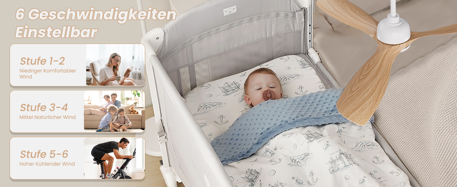 Стеляний вентилятор CJOY з підсвічуванням, 107 см, з пультом керування, DC, безшумний, з функцією зміни напрямку обертання, пам'ять 3CCT, регульована яскравість, 6 швидкостей, таймер для спальні (132 см, біле дерево)