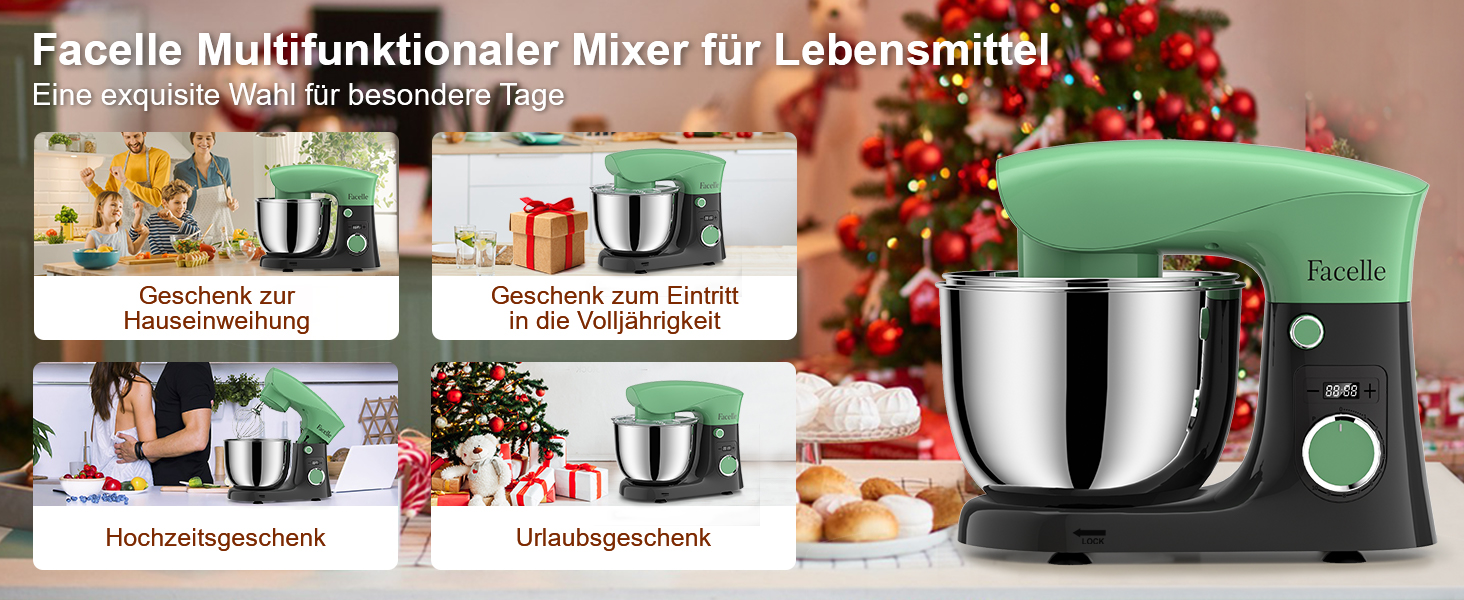 Кухонна машина/міксер Facelle 1500W з 5.5L та 4.5L чашами, 10+ програм, тиха робота, з набором насадок (зелено-сірий)