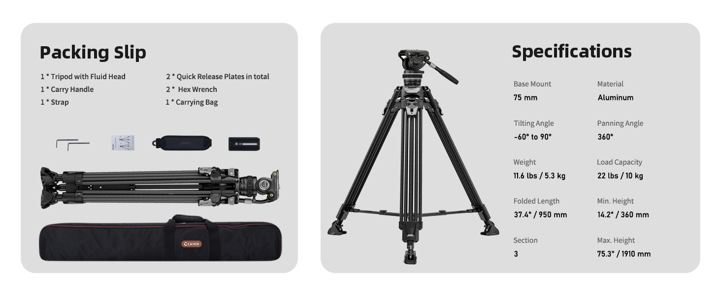 Штатив відео Cayer FA310H з моноподом K10 та рідкосильним кріпленням - швидкозатискачі ніг, швидке регулювання, вантажопідйомність 10 кг, алюміній, 2 швидкознімні пластини, ручка для переноски - для DSLR, бездзеркальних камер, відеокамер