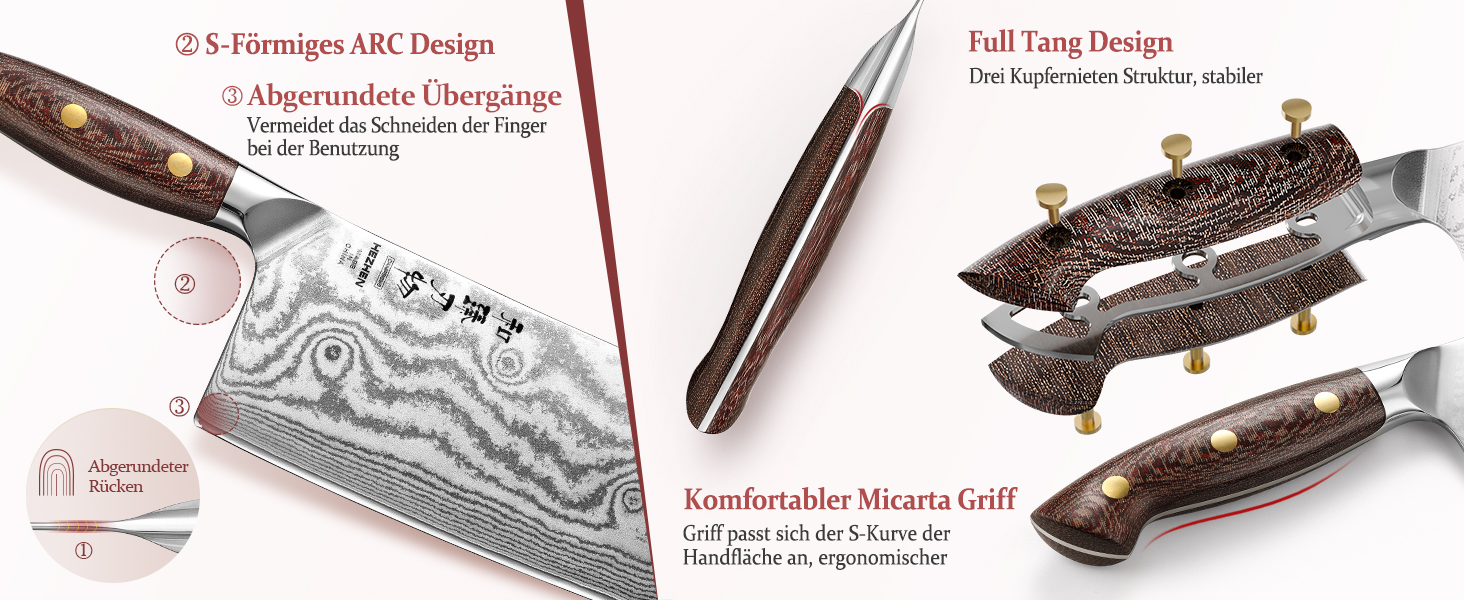 HEZHEN ніж кухарський 21 см дамаст 67 шарів, професійний ніж для кухні з дерев'яною піхвою, full tang ручка з Micarta