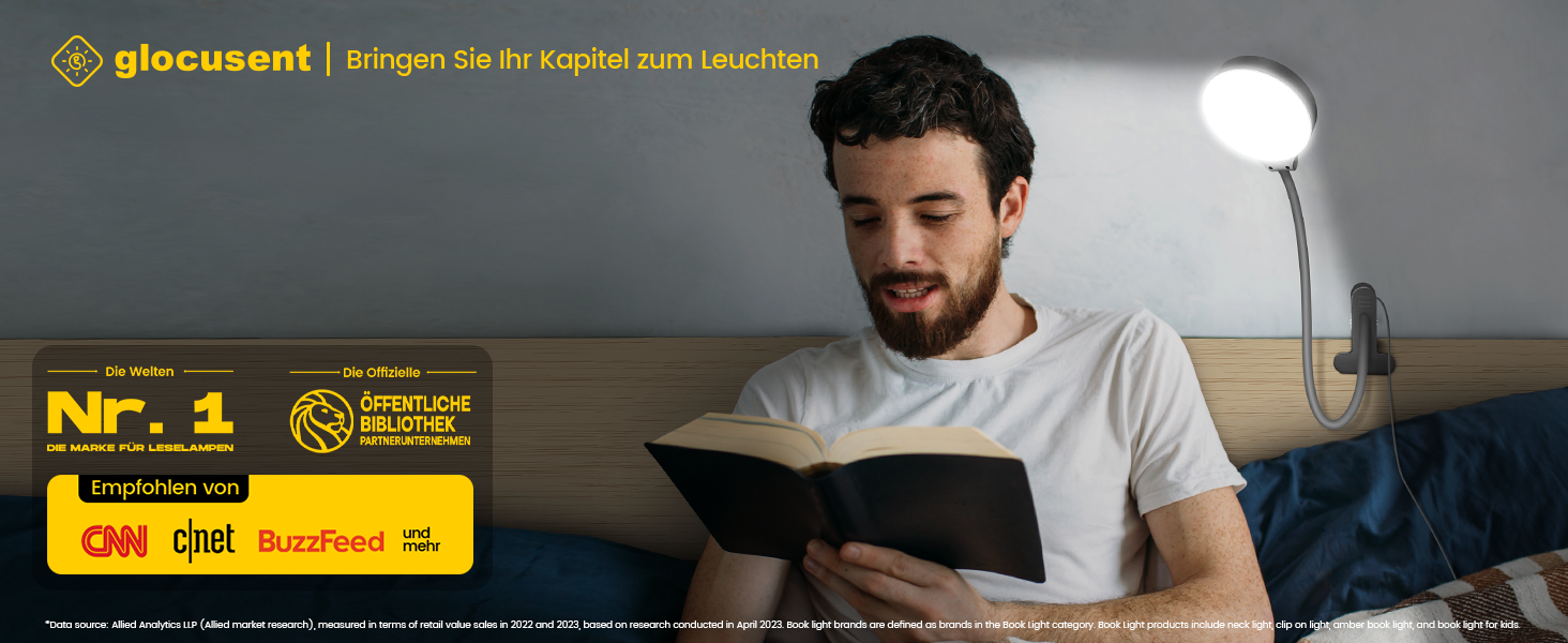 Glocusent 5W LED Лампа для читання на ліжко, кліпса, 36 LED, 5 рівнів яскравості, гнучкий тримач, CRI 90, USB зарядка (біла)