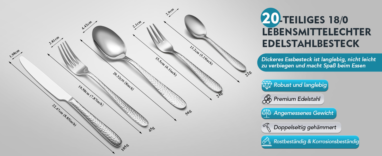 Набір столових приборів EIUBUIE з нержавіючої сталі 20 предметів, молоткова обробка, для 6 осіб, полірований, для дому та вечірок, можна мити в посудомийній машині