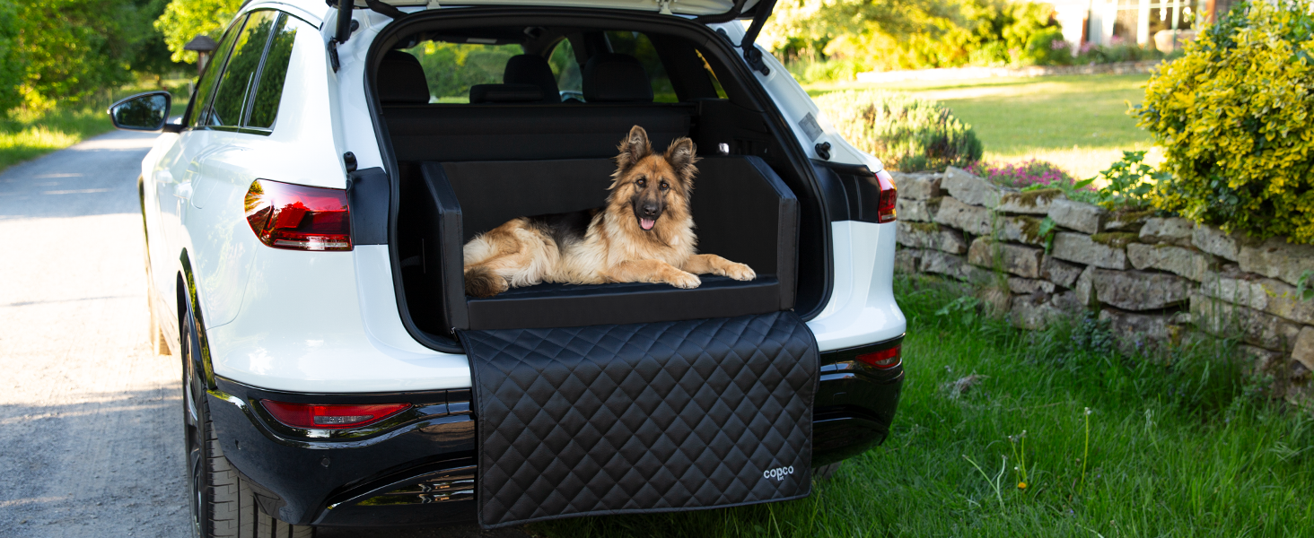 CopcoPet Автомобільне ліжко для собак у багажник, 110x90x38 см, штучна шкіра, захист багажника, водовідштовхувальне, стійке до подряпин, нековзне, міцне з захисним покривалом, чорне, 110 x 90 см