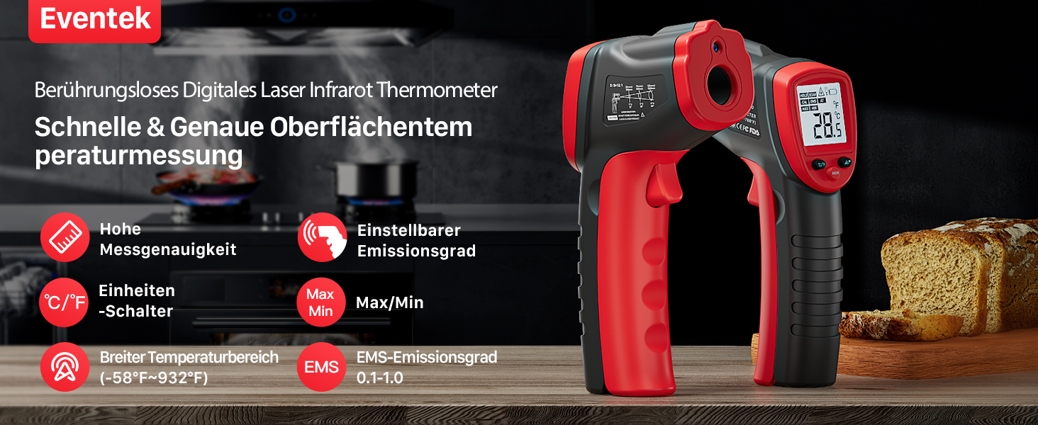 Інфрачервоний термометр Eventek -50°C до 600°C з лазером та LCD дисплеєм. Безконтактний термометр для піци, гриля, кухні та промисловості. Регульований коефіцієнт випромінювання (Не для людей). Червоний, діапазон -50°C ~ 500°C