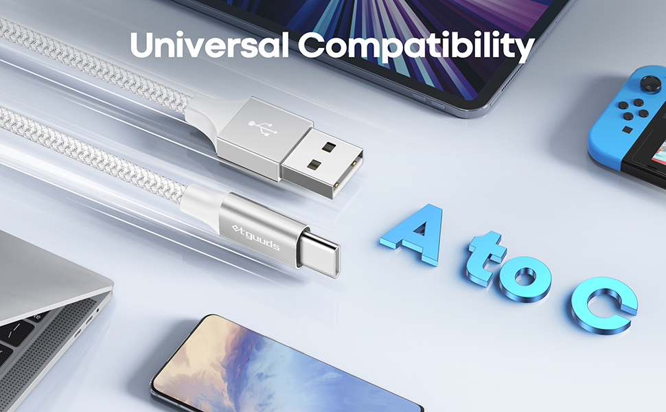 Кабель USB-C на USB-A, 30см, 2 шт., білий. Швидка зарядка, нейлон, для iPhone, Samsung Galaxy